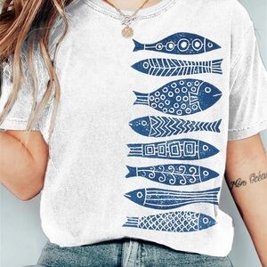 Unisex Fish Japanese Lino Art Vintage Washed T Shirt